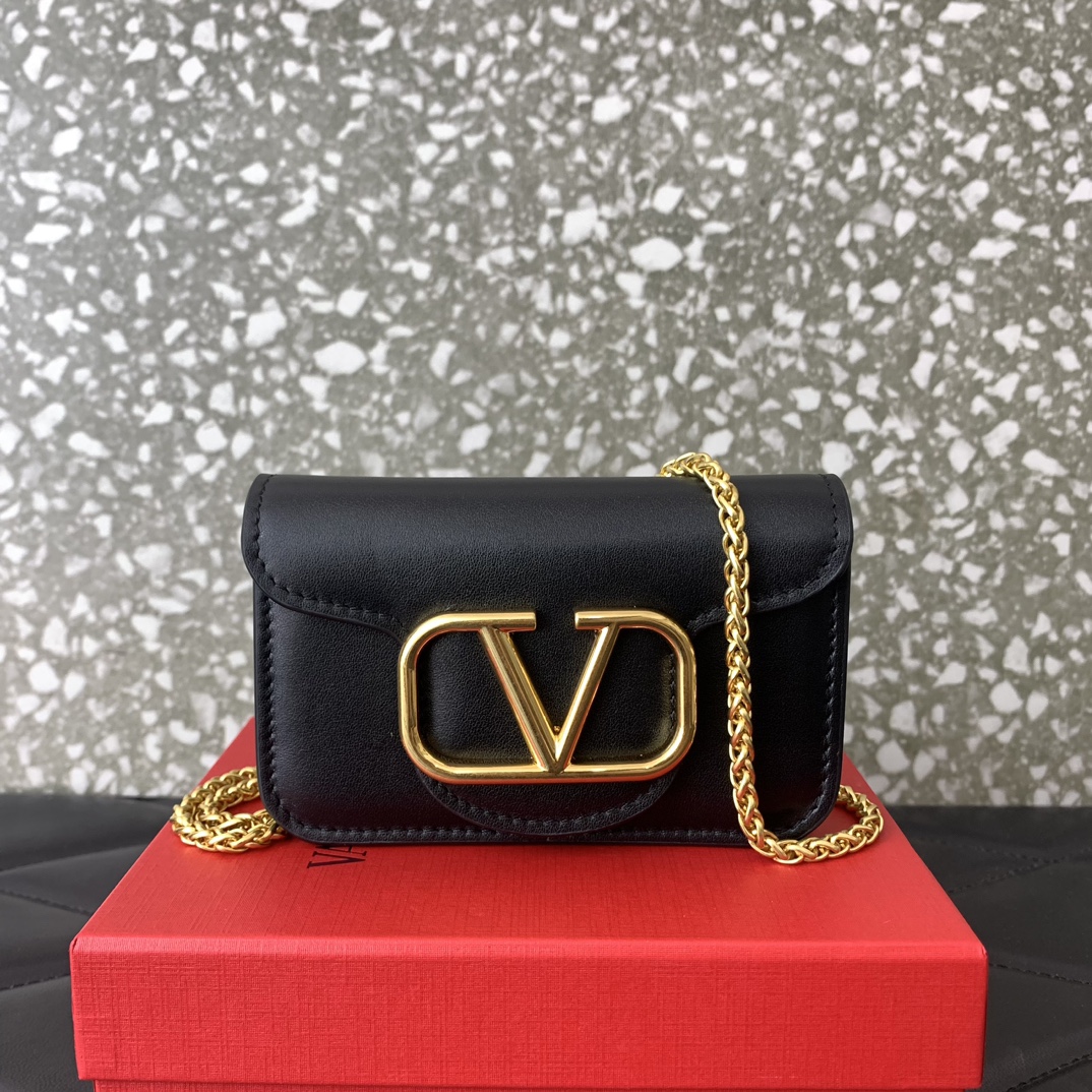 Valentino Garavani Loco Micro Bag in Black Calfskin Leather with Chain